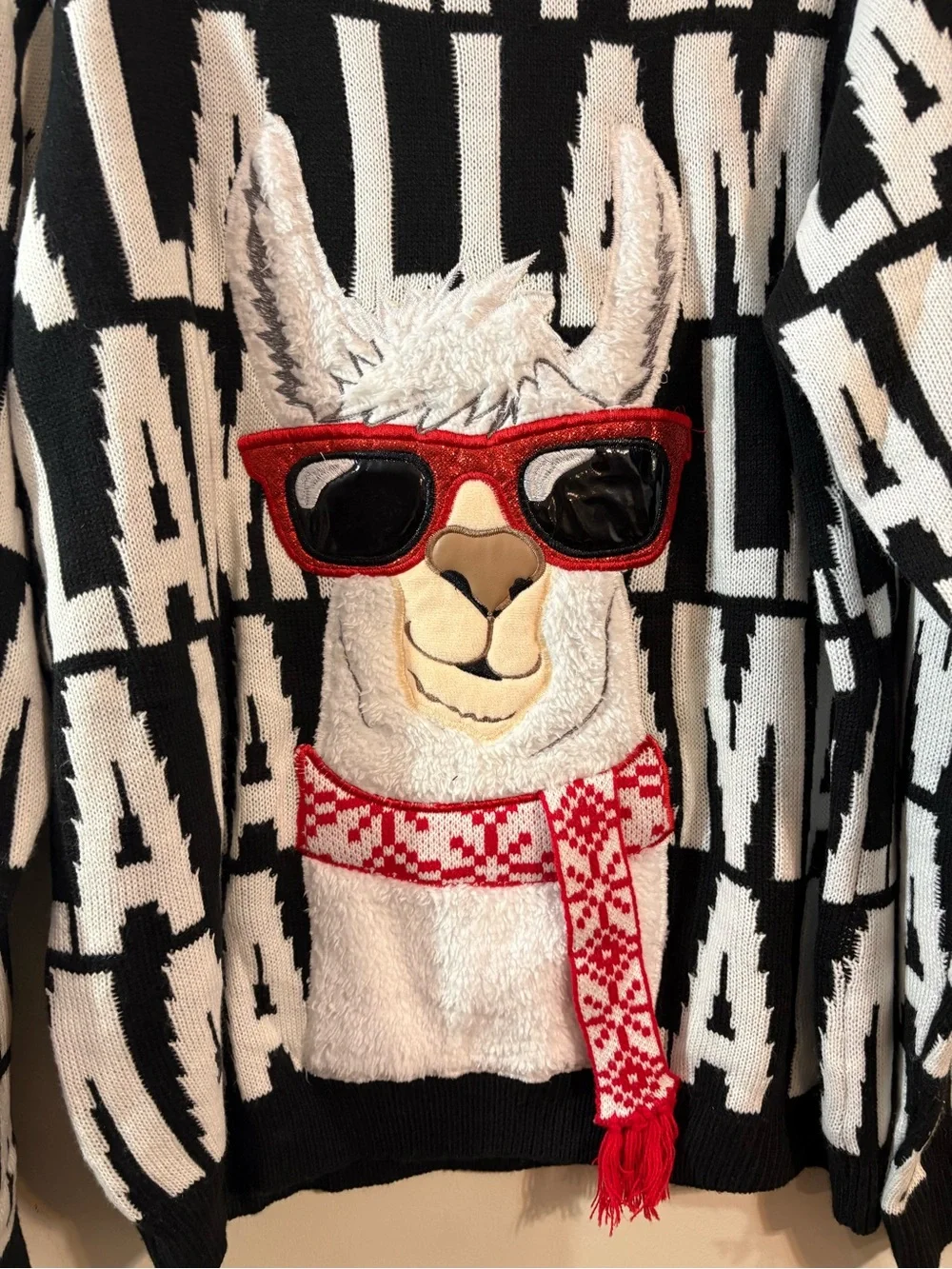 Holiday Time Fa La Llama ugly Christmas sweater llama black white festive large